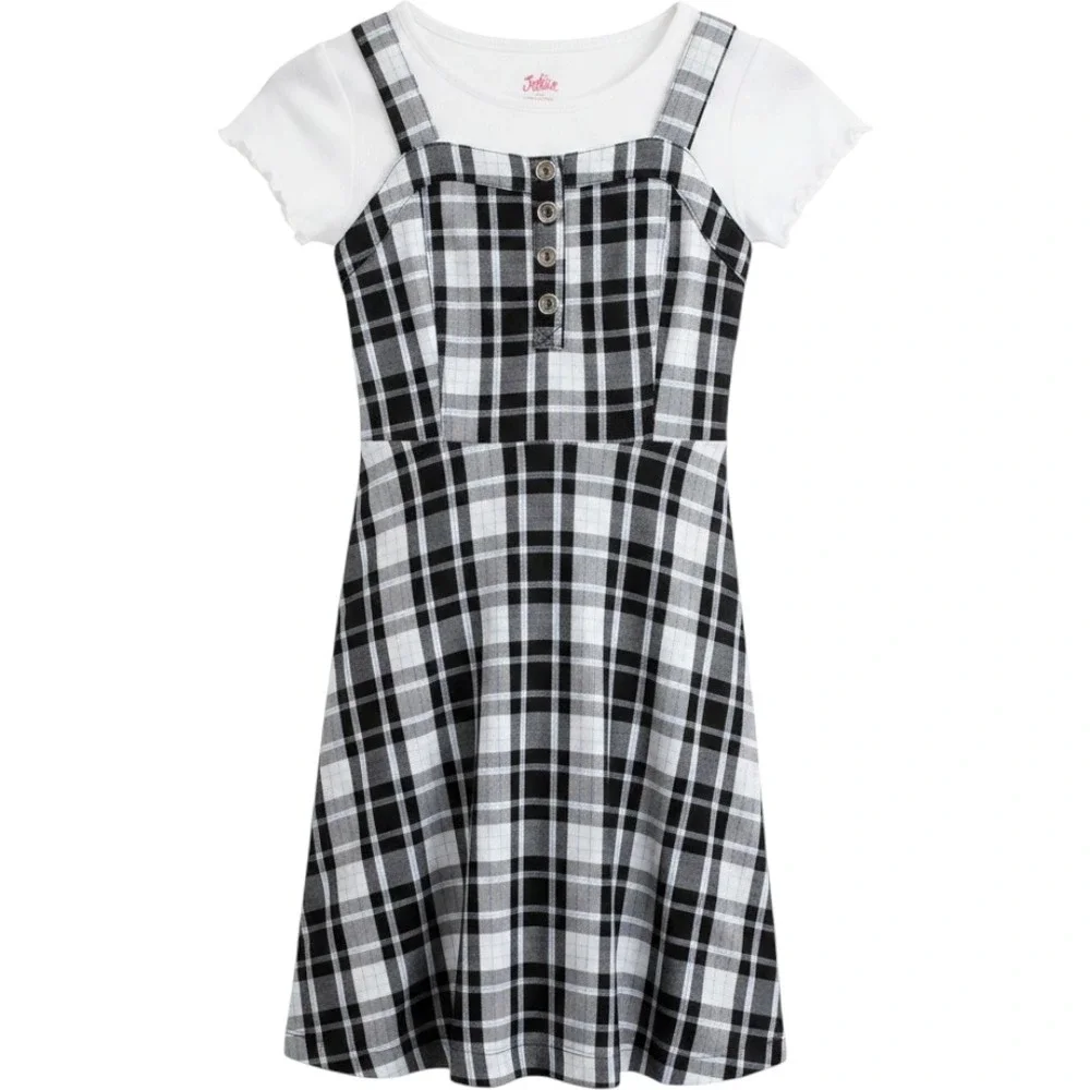 Justice Girls Plaid Jumper Dress‎ White Layered TShirt Set Girls S (7/8) #